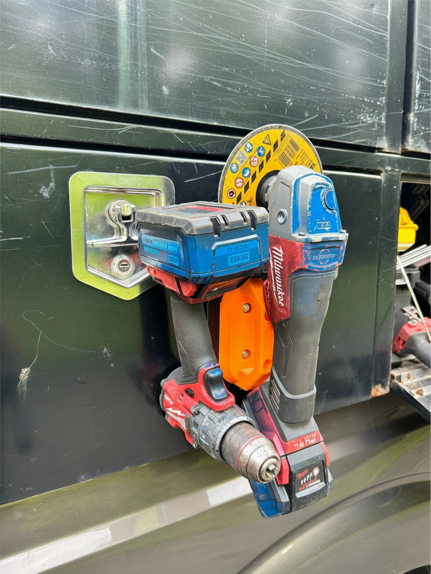 Cold Composites MagLug Workstation Lite magnetic tool holder in orange holding two power tools on a metal surface